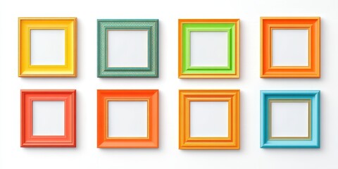 Colorful square frames vibrant modern arrangement on wall. Vibrant gallery arrangement with empty frames. Modern decoration, stylish collection, blank background, contemporary decor, creative