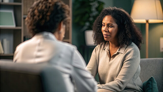 African American female counselor demonstrating empathy concept. Two women engage in a deep conversation in a cozy setting.