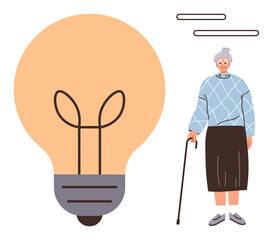 Elderly woman holding cane next to giant lightbulb emphasizing wisdom, experience, ideas, and innovation. Ideal for concepts thumbs up knowledge, creativity, aging, guidance, problem-solving