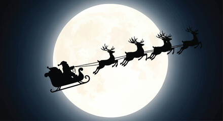 Vector art of santa claus riding in his sleigh with reindeer in front of the full moon