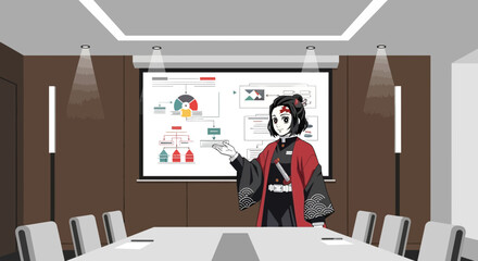 Animated Character Giving A Business Presentation With Charts