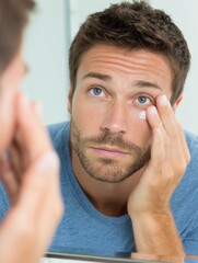 Obraz premium Man Applying Eye Cream While Looking in Mirror in a Bright Bathroom During Morning Routine