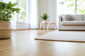 Bright living room interior with wooden floor and woven accents