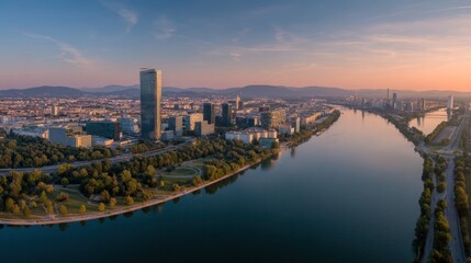 Fototapeta premium Cityscape river panorama sunrise view