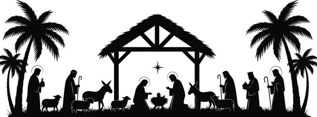 Vector art of nativity scene with baby jesus, mary and joseph isolated on white background