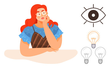 Woman with red hair thinking at desk, surrounded by an eye icon and light bulbs symbolizing ideas, creativity, and insight. Ideal for innovation, brainstorming, vision, strategy, problem-solving