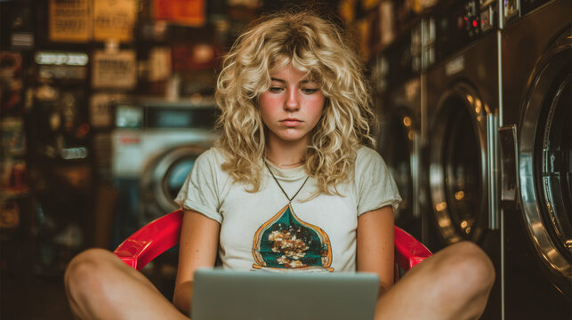 A young woman is intently focused on her laptop in a vintage laundromat. Her curly hair frames her face, and she is sitting cross-legged, fully engrossed in her work. - Powered by Adobe