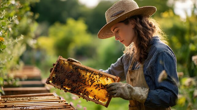 A beekeeper inspects a honeycomb frame filled with bees in a lush, natural setting, wearing protective gear and a straw hat.