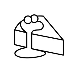 A slice of cake with topping and two cherries, outlined in black on a white background.