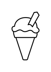 Simple black and white line drawing of an ice cream cone with a scoop of ice cream and a stick.