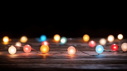 String of festive orb lights on rustic wooden surface against dark background