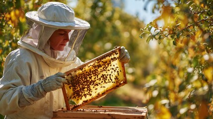 Beekeeper inspecting a honeycomb frame in a sun-dappled orchard, wearing protective gear, showing the beauty and importance of bees