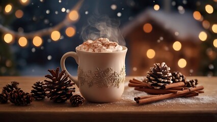 Fototapeta premium steaming mug of hot chocolate with marshmallows and cinnamon in festive winter setting