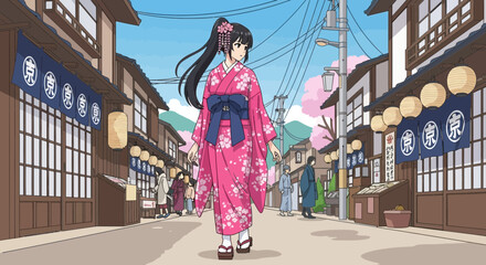 Obraz premium Elegant Woman In Kimono Strolling Through Traditional Japanese Town