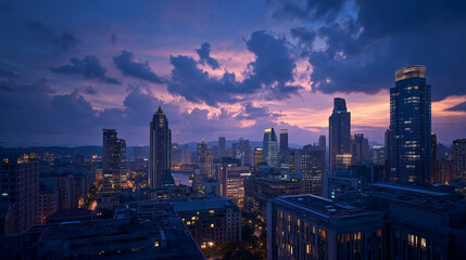 Fototapeta premium Twilight skyline with dramatic sunset over modern cityscape
