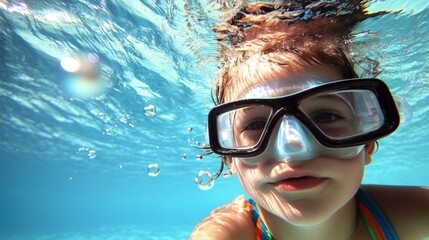 Fototapeta premium Underwater swimming adventure with goggles in clear blue water