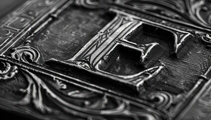 Ornate letter E, close-up, textured surface, vintage background, design element