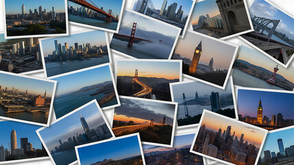 Collage of city skylines and landmarks from around the world at dusk and dawn
