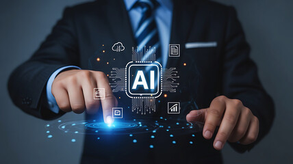 Businessman interacting with a glowing artificial intelligence chip and digital data streams representing technology and innovation