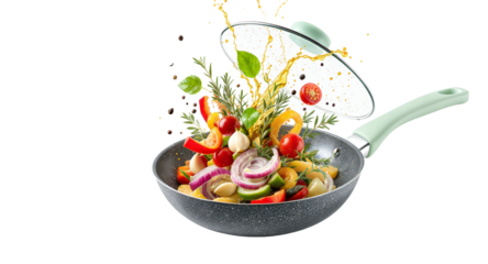 Delicious Vegetable Stir-Fry in a Stylish Pan Fresh Herbs, Spices Olive Oil