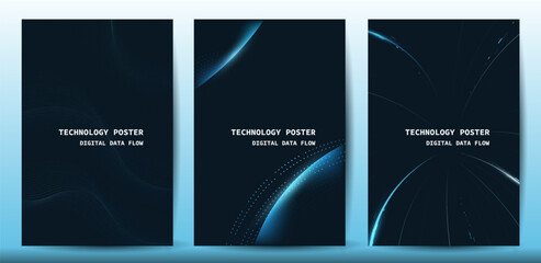 Fototapeta premium Poster set technology banner collection. Futuristic digital data wave glowing lines. Data science concept tech banner, corporate business presentation or booklet technology