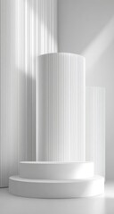 White cylindrical display platform in sunlit room, ideal for product showcase