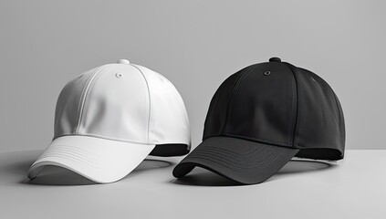 White and black baseball caps on a gray background, product photography for online store