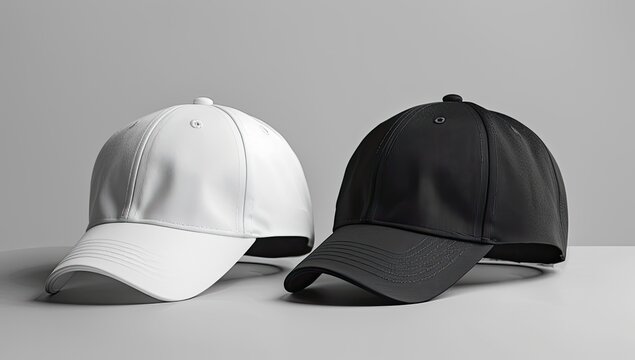 White and black baseball caps on a gray background, product photography for online store
