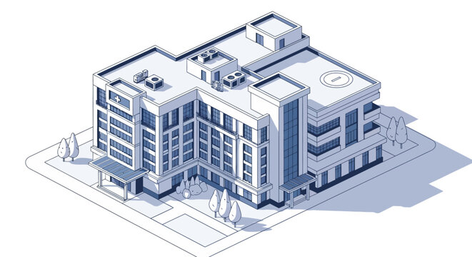 Architectural isometric illustration of a modern hospital or clinic building with a rooftop helipad.