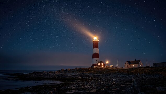 Nighttime lighthouse beacon illuminates starry sky