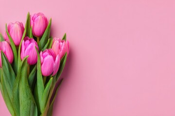 Pink tulips bouquet on pink background