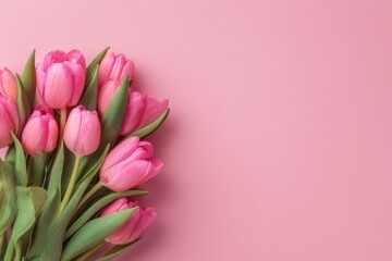 Delicate pink tulips cluster on a pastel pink background
