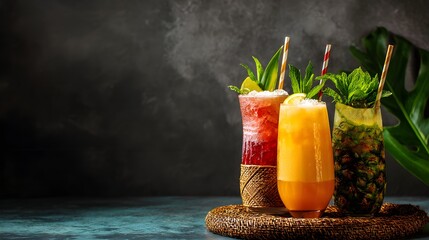 "Colorful Glasses on Tray with Various Drinks"