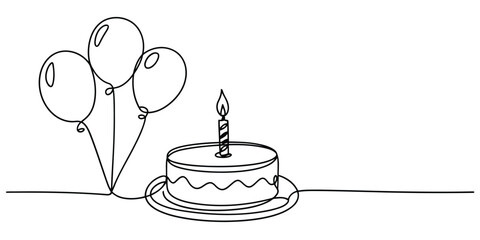 Minimalist line drawing celebration cake with balloons and candle birthday