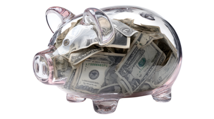 Transparent piggy bank filled with dollars on white background 