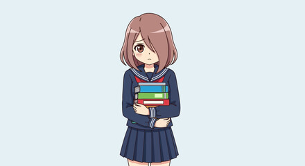 Upset Anime Girl In Uniform Holding Books Illustration