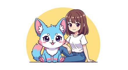 Anime Girl With Fantasy Pet Digital Art Illustration