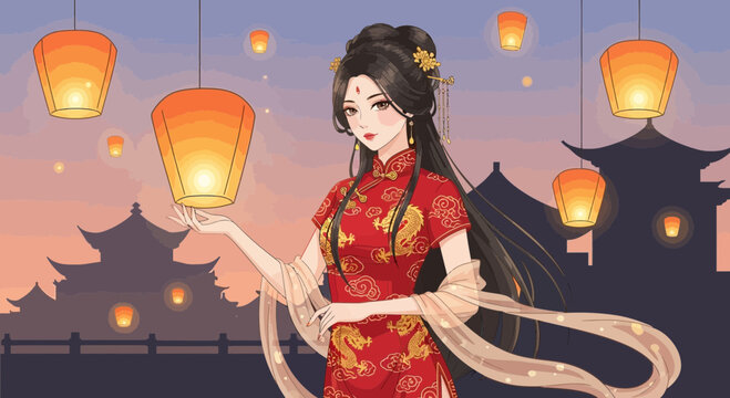 Elegant Woman In Cheongsam With Lanterns In a Tranquil Chinese Scene
