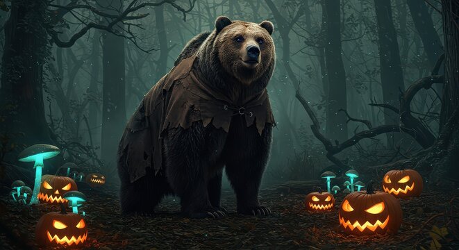 A bear wearing a poncho in a spooky forest with glowing mushrooms and halloween pumpkins around it