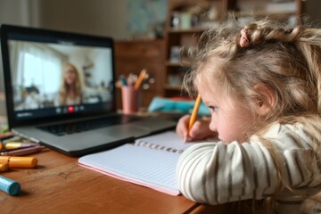 Homeschooling concept with a little girl writing on a notebook and following online lesson with her teacher on a laptop