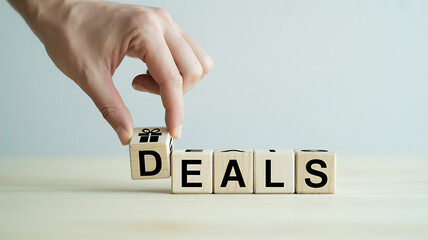 Hand arranging wooden letter blocks spelling out the word deals on a light colored surface with a soft focus background