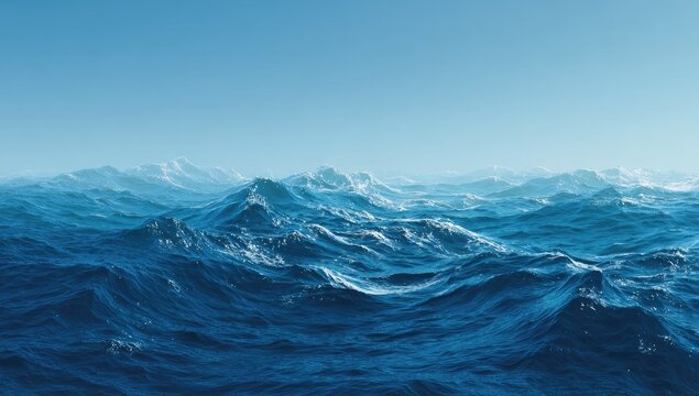 Ocean waves, vast expanse, blue sky, distant mountains, peaceful seascape, travel brochure