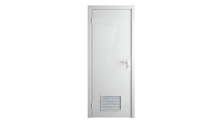White Door Stands Vertically Against Transparent Background, Showcasing Ventilation and Hardware