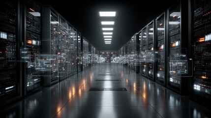 Fototapeta premium Data Center Infrastructure with High-Density Server Racks and Advanced Cooling Systems in a Controlled-Environment Facility