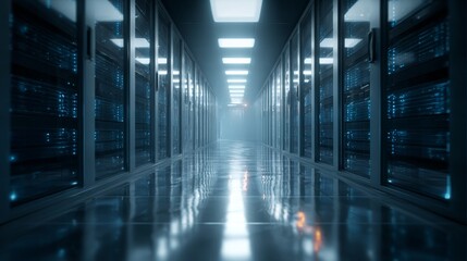 High-Resolution Data Center Corridor with LED Lighting and Reflective Flooring for Enterprise IT Infrastructure