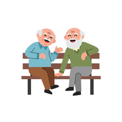 Two elderly men with white hair and beards are sitting on a park bench, smiling and talking to each other.