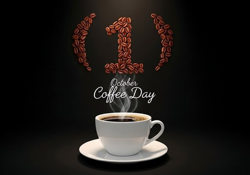 Celebrating international coffee day with a steaming cup and coffee beans artfully arranged to form the number one