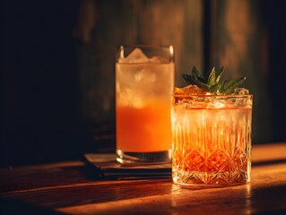 "Elegant Cocktail Glasses on Wooden Table"