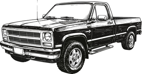 Vintage Pickup Truck Drawing, Monochrome Classic Vehicle Art © Vhya