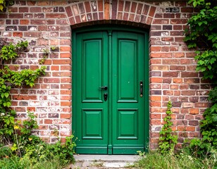 Green door in a brick wall with ivy